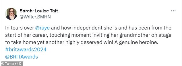 Raye fans and casual viewers of the Brits flocked to see X, most moved to tears by Raye and grandmother Agatha