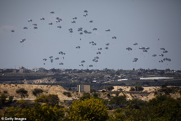 Humanitarian aid falls through the air towards the Gaza Strip