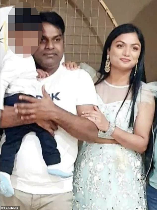 Chaithanya 'Swetha' Madhagani (left) is pictured with her husband Ashok Raj Varikuppala and their son.  Ms Madhagani's body was found in a garbage bin last Saturday