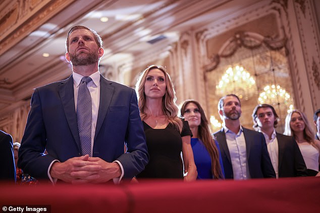 Trump was being watched by family members.  From left to right: Eric Trump, Lara Trump, Kimberly Guilfoyle, Donald Trump Jr.  Tiffany Trump is on the far right, but there was no sign of Melania