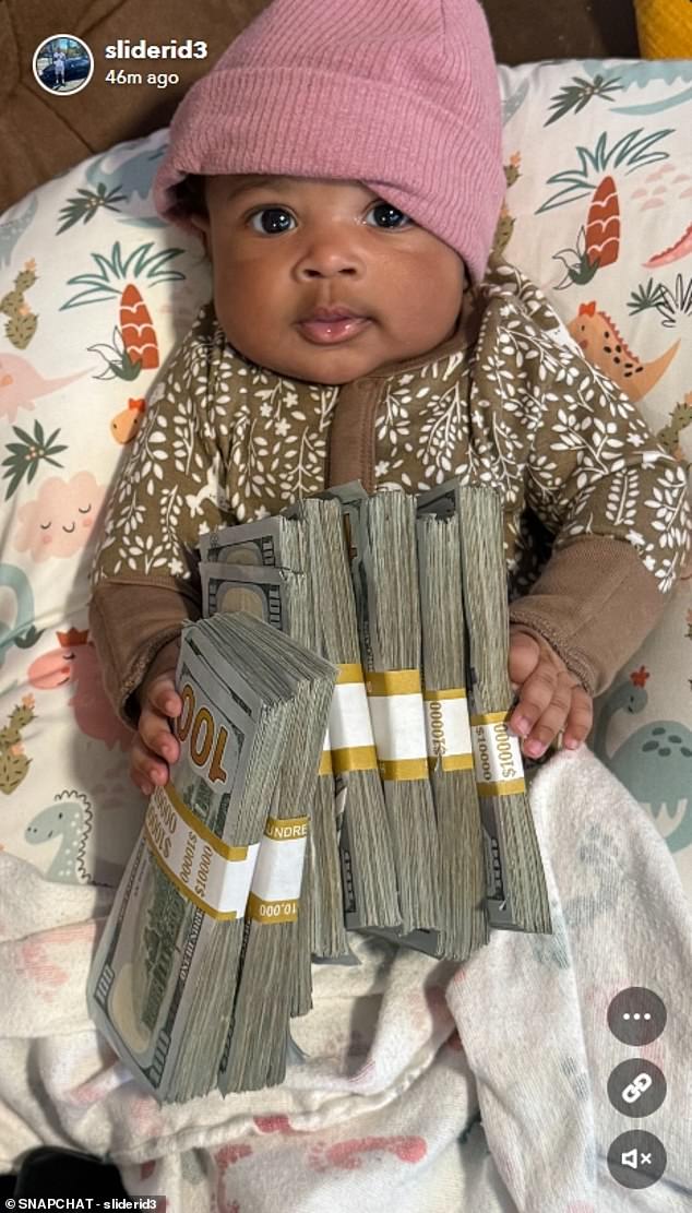 Ridley also posted a photo of his daughter holding stacks of $100 bills to his Snapchat Story