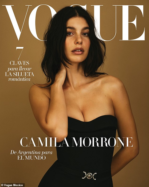 Camila Morrone showed off her natural beauty on the cover of Vogue Mexico this month.  The Argentinian-American actress and model looked stunning in a strapless black dress that showed off her chest and tiny waist