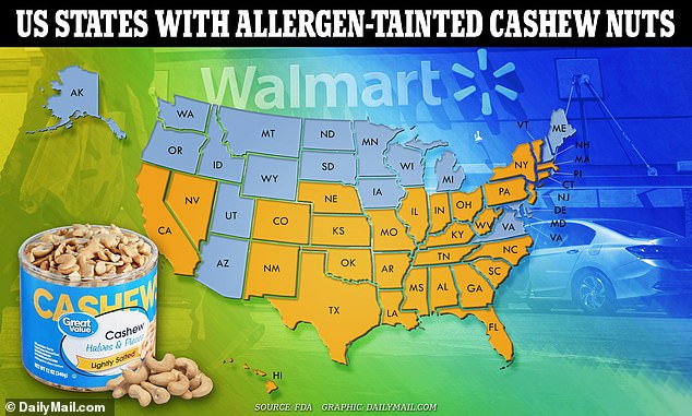 Spoiled 8.25 oz containers of 'Great Value Honey Roasted Cashews' were distributed to select Walmart stores in the following states: AL, AR, CA, CO, CT, FL, GA, HI, IL, IN, KS, KY, LA, MA, MO, MS, NC, NE, NJ, NM, NV, NY, OH, OK, PA, SC, TN, TX, VT, WV, as well as via Walmart.com