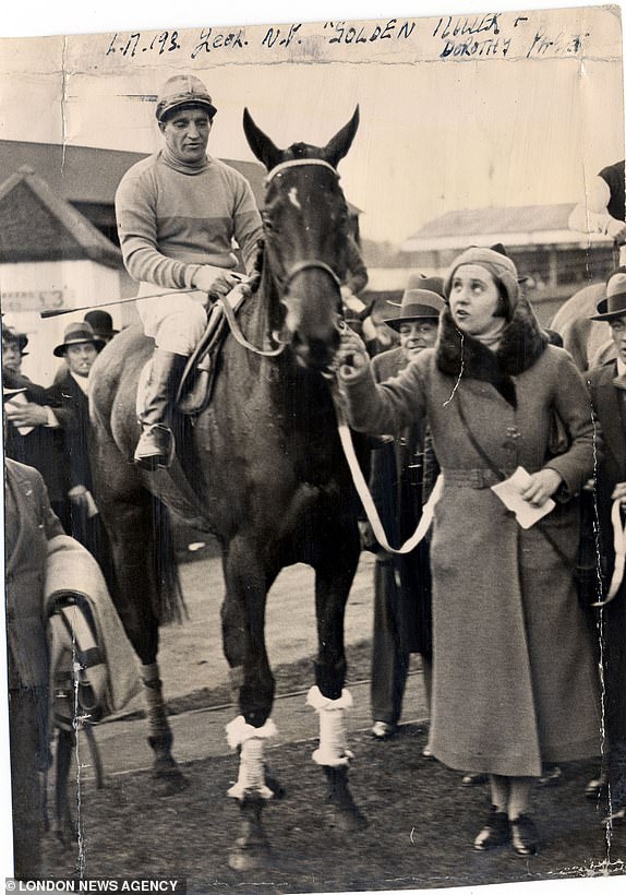 Racehorse GOLDEN MILLER 1935 favorite for the Grand National for the fourth year in a row Golden Miller won the Cheltenham Gold Cup yesterday.  The photo shows him with his owner Miss Dorothy Paget (Golden Miller died January 57)