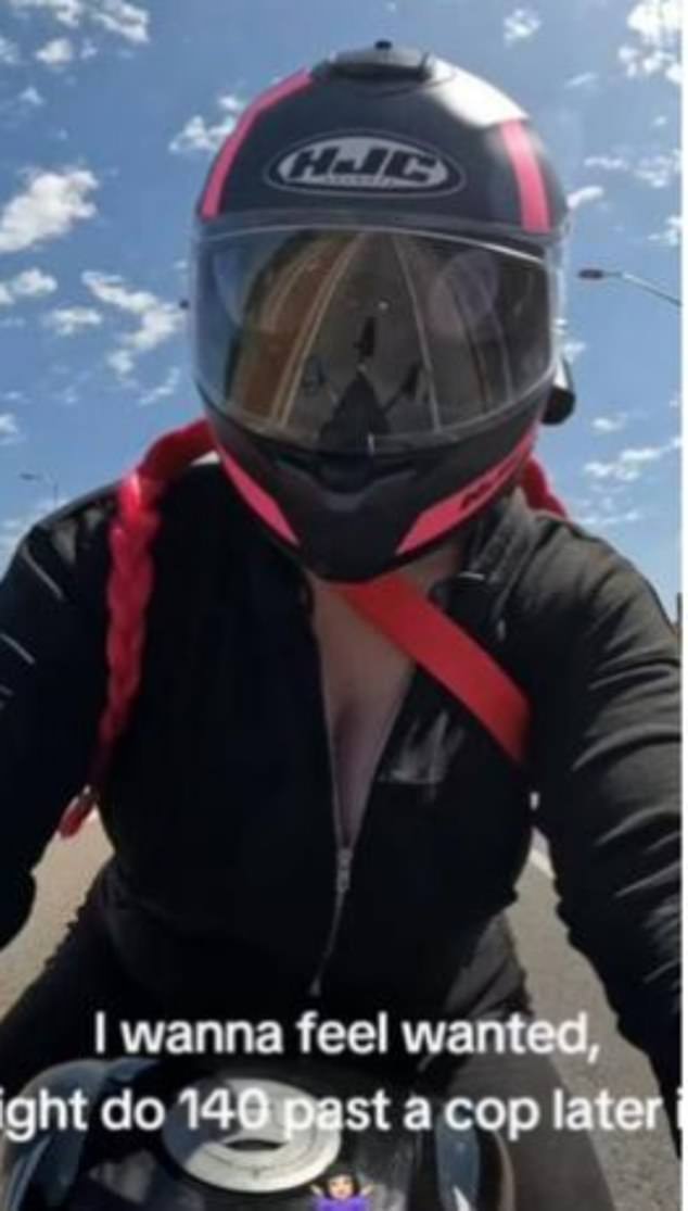 The 25-year-old had numerous social media pages dedicated to her motorcycle.  In one post, Ms Roberts shared a photo of herself riding her motorbike, with the caption: 'Might ride past a cop for 140 hours, I don't know (I don't know)' (pictured)