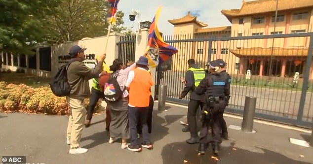 A crowd of activists gathered outside the Chinese embassy in Canberra on Wednesday afternoon to accuse China of human rights abuses in Hong Kong, Tibet and Xinjiang