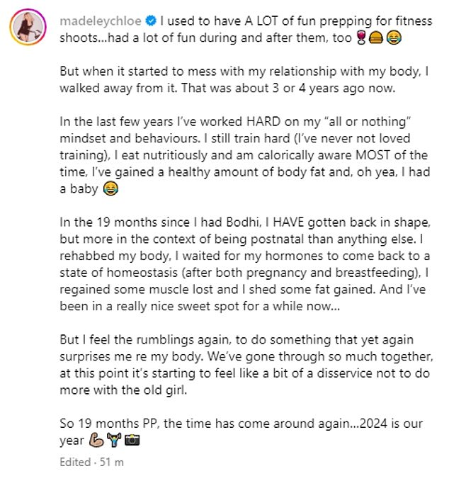 Chloe opened up about her relationship with her body in a long, candid caption