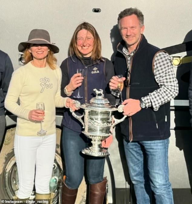 Geri and her husband Christian Horner celebrated and held the winner's trophy after their horse finished first in one of the races