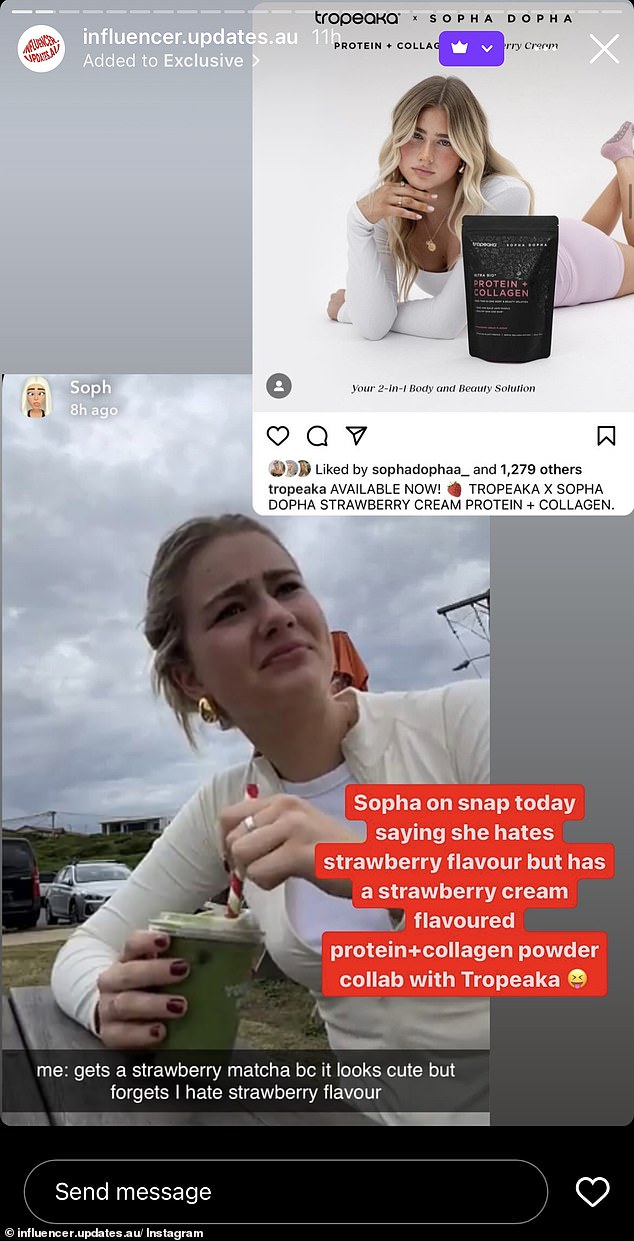 The 20-year-old TikToker took to her Snapchat and revealed to fans that she hates the strawberry flavor after purchasing a strawberry matcha latte.  But she got a call from Influencer Updates AU, who pointed out Sopha's recent partnership with a supplement brand