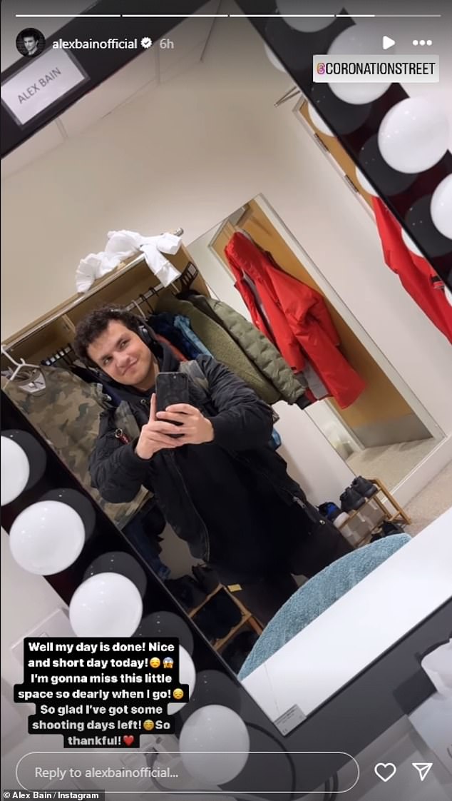 In the new photo, soap star Alex Bain is seen posing outside his dressing room, where he claimed he was 'glad' he had a few days left on set