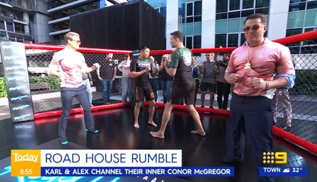 Karl Stefanovic showed off his boxing skills Thursday morning as he entered the MMA ring with his Today co-host Alex Cullen