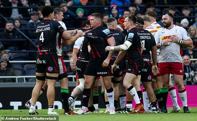 An ugly clash between captains Stephan Lewies and Owen Farrell took place late in Saracens' win over Harlequins