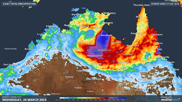 Accumulated rain forecast for the 72 hours ending at 9:30 PM ACST on Wednesday, March 20