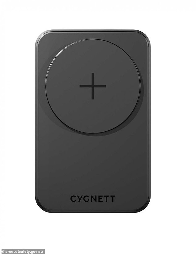 The Cygnett MagMove 5K dual magnet power bank (pictured) is being urgently recalled amid fears the wireless device could catch fire if it overheats