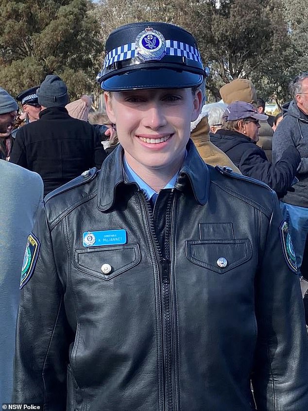 Probationary officer Kiesha McJannet (pictured) is praised by her superiors for saving a woman trapped in her sinking car near a popular Sydney beach