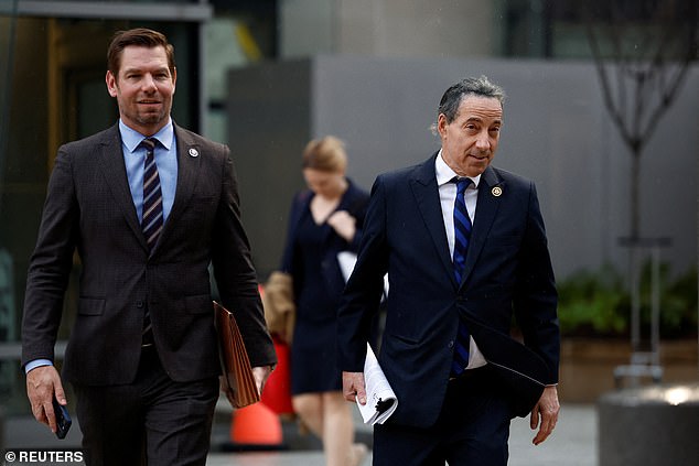 Top Democrat Jamie Raskin, right, said he is working with fellow liberals in Congress like Rep. Eric Swalwell, left, to revive legislation that would disqualify Donald Trump from running for office in light of the new Supreme Court ruling .