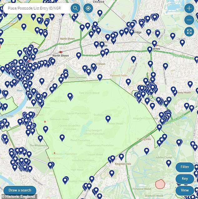 The interactive map of historic England highlights the numerous listed buildings in England, Scotland and Wales with small blue pins, as well as parks and gardens, scheduled monuments and World Heritage sites.  Pictured, listed buildings in London