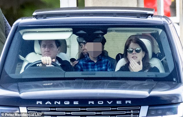 Edoardo Mapelli Mozzi drives with his sister-in-law near Windsor Castle.  His son Wolfie and wife Princess Beatrice can also be seen in the car