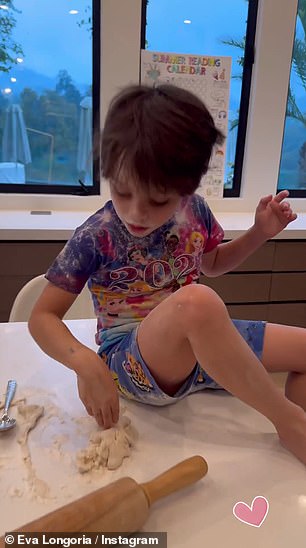 Longoria shared a video of her morning breakfast preparations, showing her son Santiago, five, making tortillas