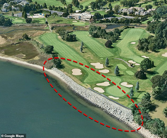 A famous old Rhode Island country club faces a $50,000 fine for possibly violating state law by building a seawall to save the 14th hole of the club's golf course