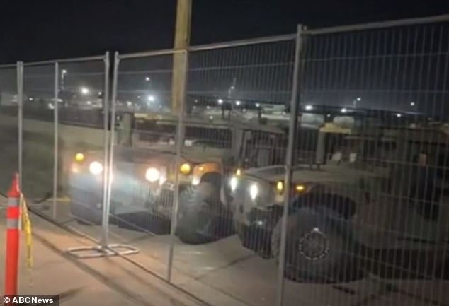 Show of force: Texas National Guard vehicles have now blocked the Shelby Park focal point from federal agents, reducing their view of the sector's border to a 'narrow sliver'