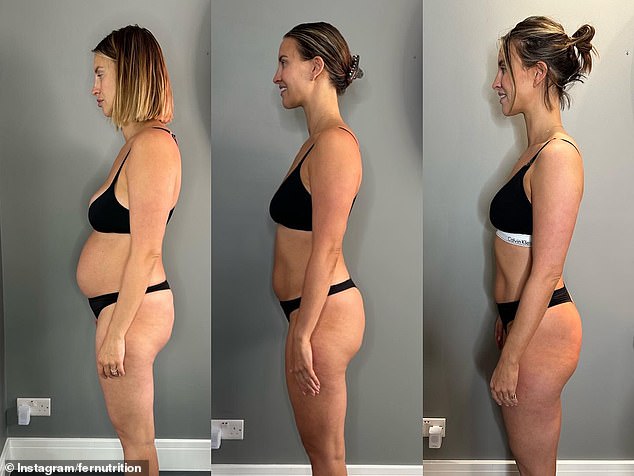 The former TOWIE star said she is 'so proud' of her progress as she posed sideways for the camera wearing a black Calvin Klein bra and matching underwear