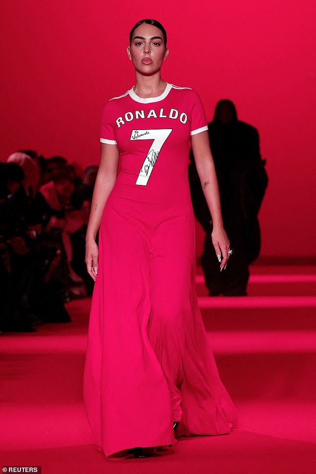 Georgina Rodriguez paid tribute to her footballer boyfriend Cristiano Ronaldo as she walked the Vetements Womenswear Fall/Winter 2024-2025 show during Paris Fashion Week on Friday