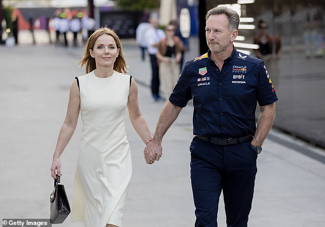 Geri Halliwell (left) will skip this weekend's Saudi Arabian Grand Prix as husband Christian Horner (right) continues to battle his texting scandal
