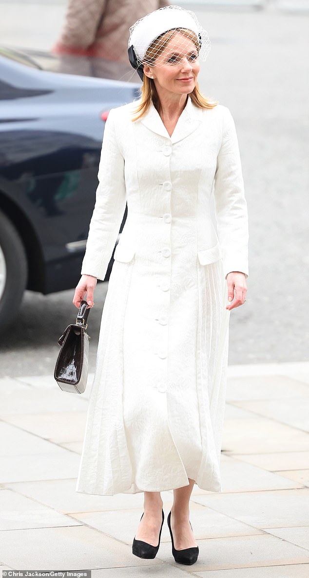 Geri Halliwell, 51, smiled for the cameras as she arrived at Westminster Abbey to take her place among other high-profile guests, including Prince William