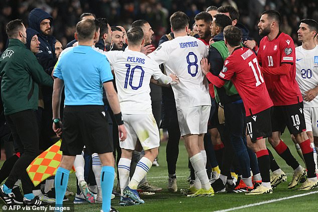 The qualifying match between Greece and Georgia for the 2024 European Championship descended into chaos at half-time