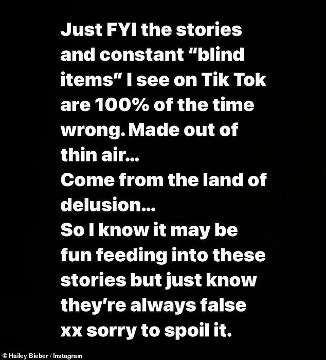 She wrote: 'Just for information of the stories and the constant "blind objects" I see things go wrong 100% of the time on TikTok.  Created from nothing...come from the land of delusions'