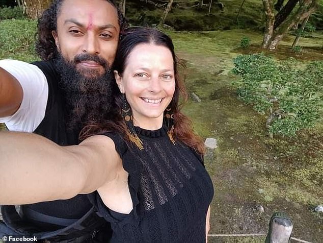 Angelina Smith, 47, and her Dutch partner Luciano Kross, 50, were sleeping in their wooden villa when a hill behind their Yeh Baat accommodation near the village of Jatiluwih collapsed on Thursday morning after heavy rain (the couple are pictured)