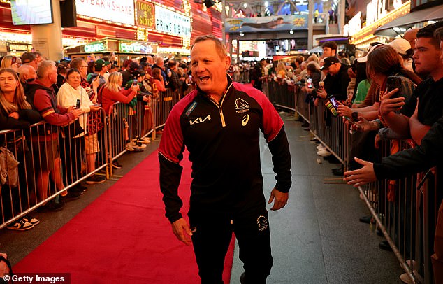 Players and coaches from the four NRL clubs enjoy their time in Sin City (pictured, Broncos coach Kevin Walters on the red carpet)