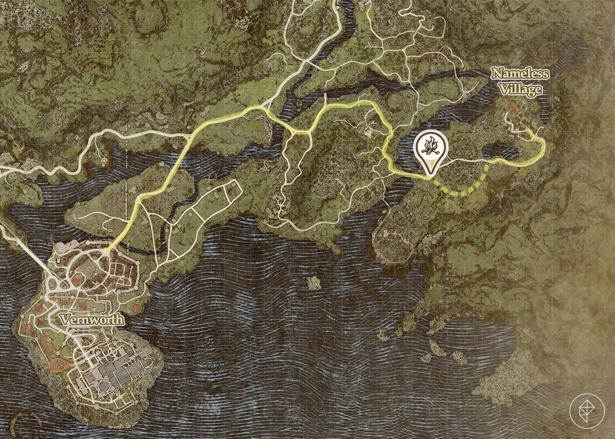 Dragon's Dogma 2 map showing the route (and detour) to the Nameless Village.