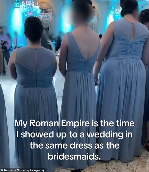 The makeup artist's face turned red as she watched the bridal party walk down the aisle and was shocked to realize she was wearing the exact same dress as the bridesmaids.