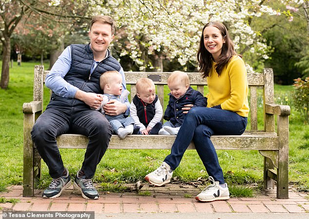 Leila Green, 40, pictured with her husband James, 43, and their triplets (L-R) Jerry, Rafa and Frankie, 19 months