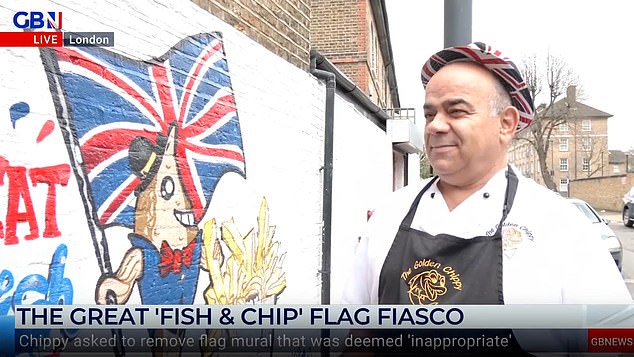 Chris Kanizi, 65, owner of Golden Chippy, in Greenwich, south-east London, has been told to paint over the mural of the humanoid fish adored by tourists