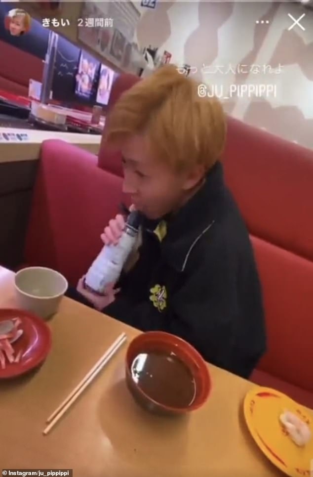 A teenager was filmed licking a bottle of soy sauce in Akindo Sushiro, Japan, in an act known as 'sushi terrorism'