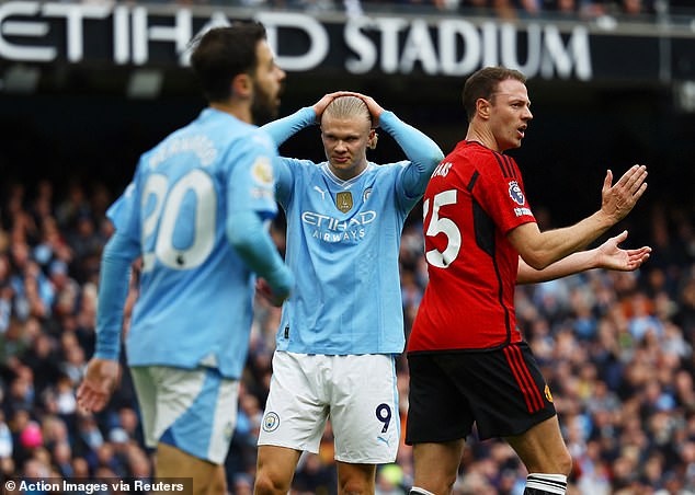 Erling Haaland was left with his head in his hands after a dazzling miss against Man United