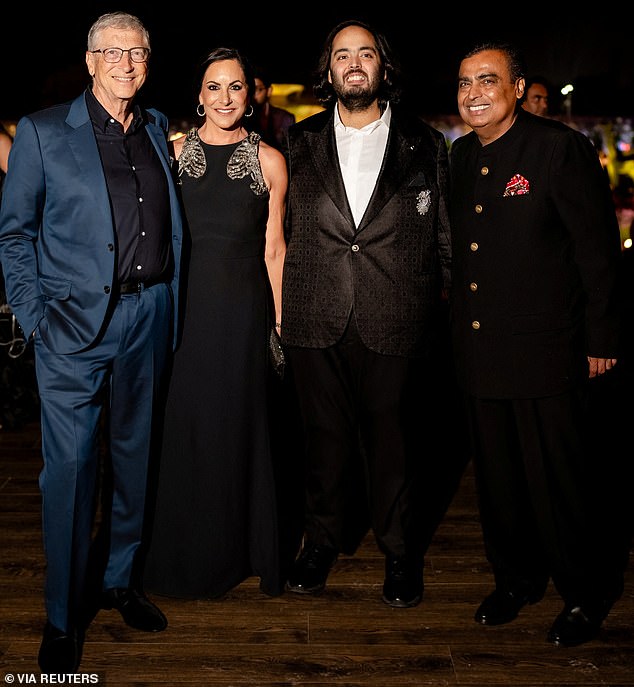 Bill Gates and his girlfriend Paula Kalupa pose with groom-to-be Anant Ambani and his father Mukesh