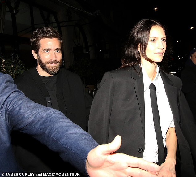 Jake Gyllenhaal beamed as he joined his stylish girlfriend Jeanne Cadieu for dinner at Scotts in Mayfair following the screening of Road House on Thursday evening