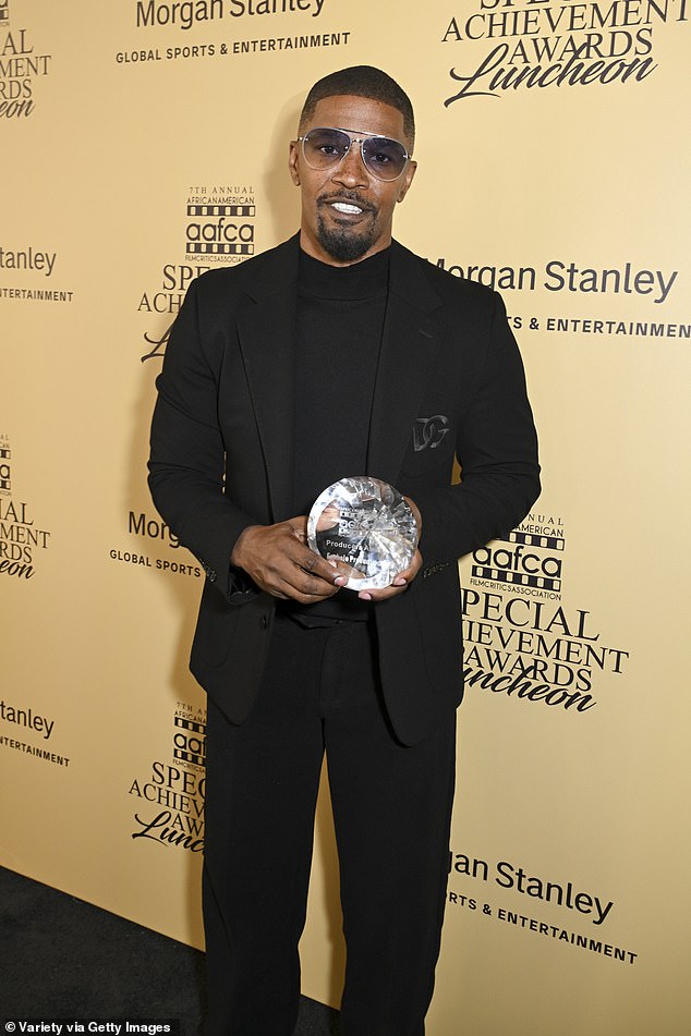 Jamie Foxx, 56, was at the top of his game on Sunday in Los Angeles as he was honored with the Producers Award by the African American Film Critics Association.  He was honored for his company Foxxhole Productions at a luncheon at the Los Angeles Athletic Club