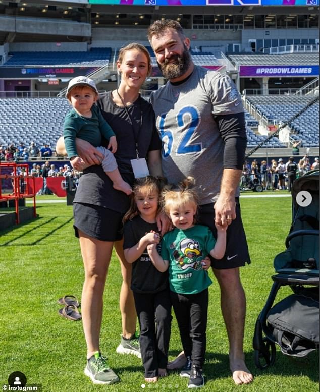 Jason, 36, pictured alongside his wife Kylie and their three young children