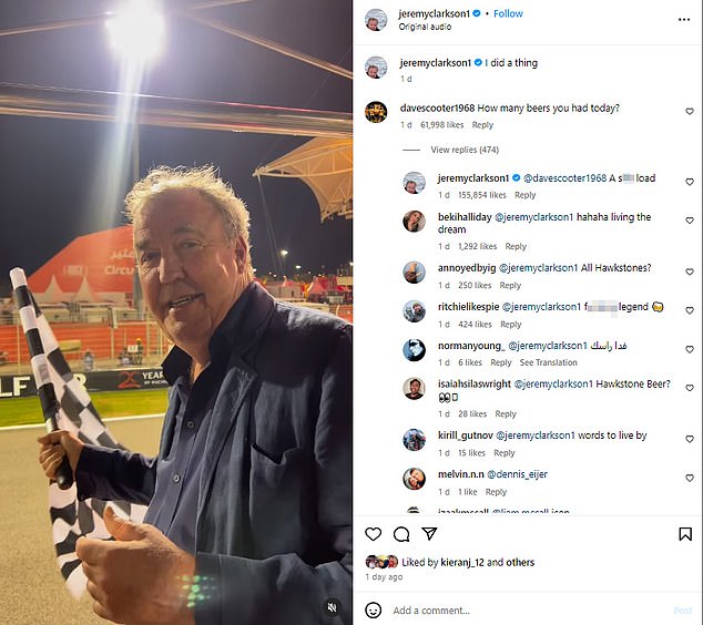 Jeremy Clarkson admitted he drank a 'bloody load' of beers after his bizarre viral performance on Martin Brundle's grid ahead of the Bahrain Grand Prix on Saturday afternoon