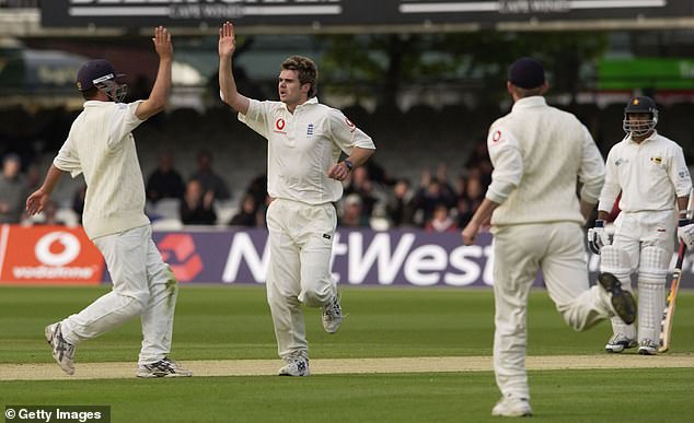 Anderson celebrates his first Test wicket, that of Zimbabwe's Mark Vermeulen in 2003