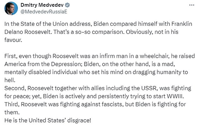 Medvedev accused Biden of trying to start World War III and chastised him for comparing himself to Roosevelt