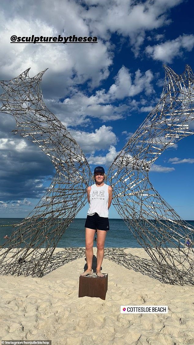 On Sunday, former Foreign Secretary Julie Bishop, 67, attended the Sculptures by the Sea exhibition at Cottesloe Beach in Perth