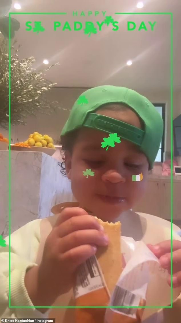 Khloe Kardashian, 39, shared a video of her favorite leprechaun, son Tatum, of almost 20 months in an Instagram Stories video as he munched his breakfast