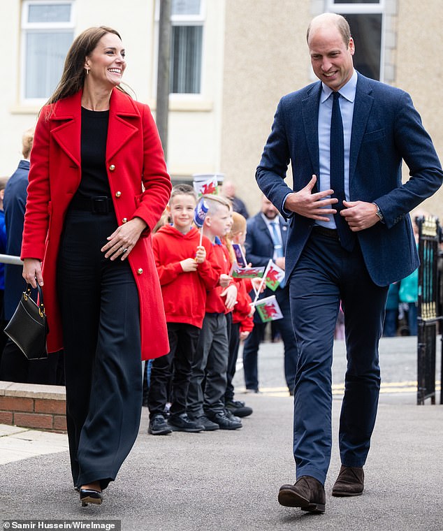 The Princess of Wales looked 'full of energy and incredibly happy' in images of her smiling next to her husband Prince William (pictured in Swansea in September 2022) during a visit to a farm shop in Windsor, a body language expert has claimed.