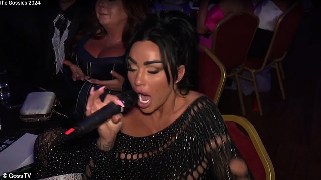 Katie Price looked worse for wear as she made an X-rated joke and swore at a jeering crowd after 'taking over' the 2024 Gossies Awards in Dublin on Saturday